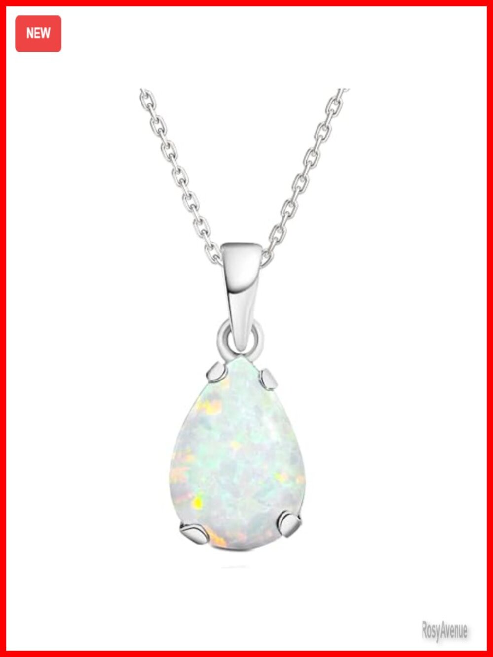14K Solid White Gold Teardrop Pendant Necklace Simulated White Opal Women